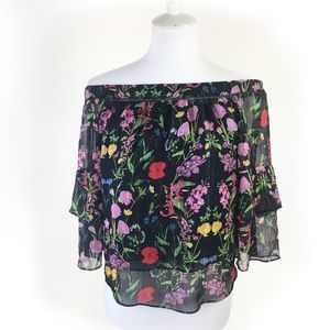 Inc Off the Shoulder Black Floral Bellsleeve Top